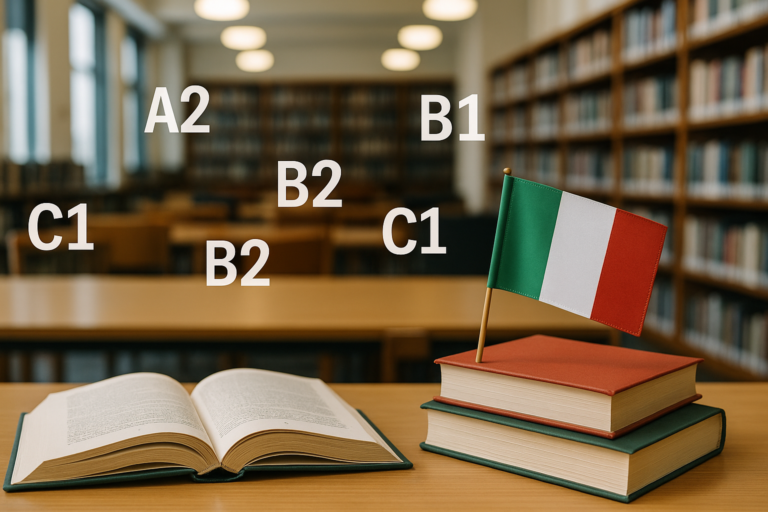 Libros y materiales de estudio sobre los niveles PLIDA A1 A2 B1 B2 C1 C2 en una biblioteca.