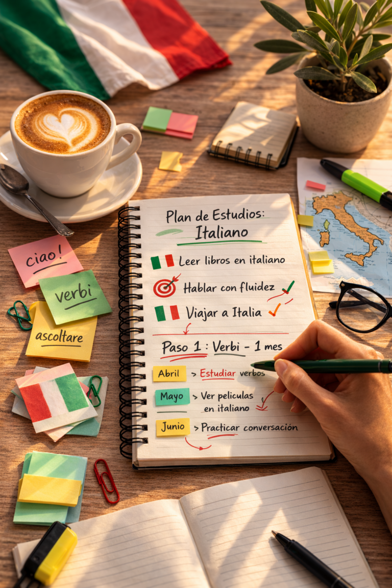 Cuaderno con plan de estudios de italiano con objetivos realistas, calendario mensual y metas claras sobre una mesa con café y elementos de estudio.