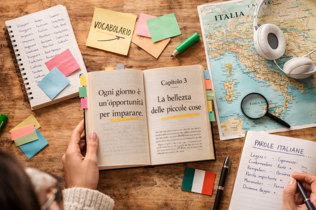 Persona leyendo un libro en italiano con frases subrayadas y notas adhesivas, una forma eficaz de aprender italiano leyendo.