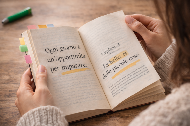 Persona leyendo un libro en italiano con notas y subrayados, ideal para aprender italiano leyendo sin frustración.