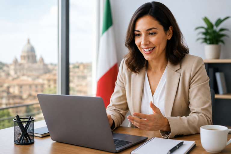 Profesional realizando una videollamada en italiano en un entorno de trabajo moderno