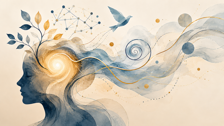 lustración abstracta que representa el flujo natural del pensamiento y la conexión de ideas necesarias para hablar italiano con fluidez sin traducir mentalmente.