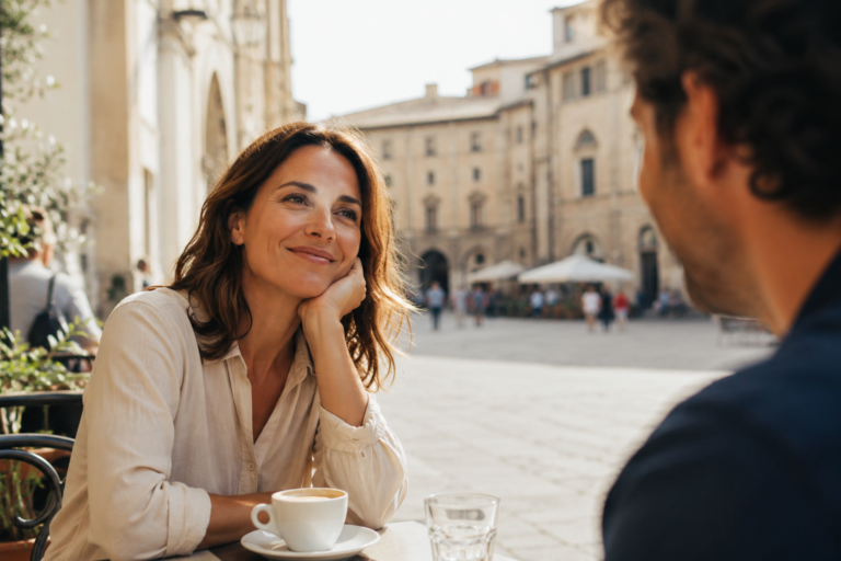 Mujer conversando relajadamente en una cafetería italiana, representando la fluidez y el pensamiento natural en italiano.