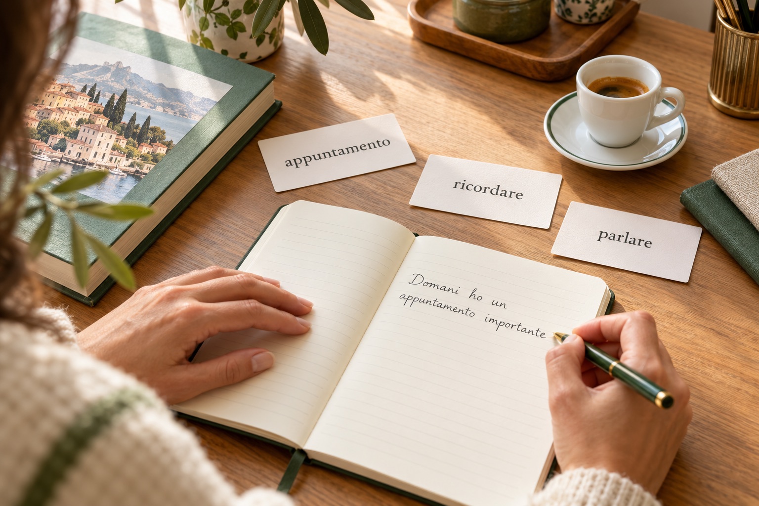 Persona practicando con tarjetas y frases en un cuaderno para recordar vocabulario italiano.